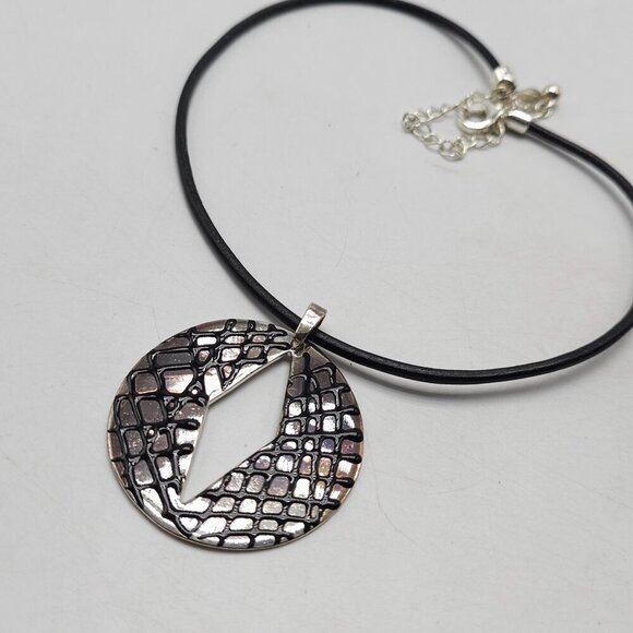 Chico's Black Embossed Pendant Necklace With Textured Circular Design - Picture 3 of 5